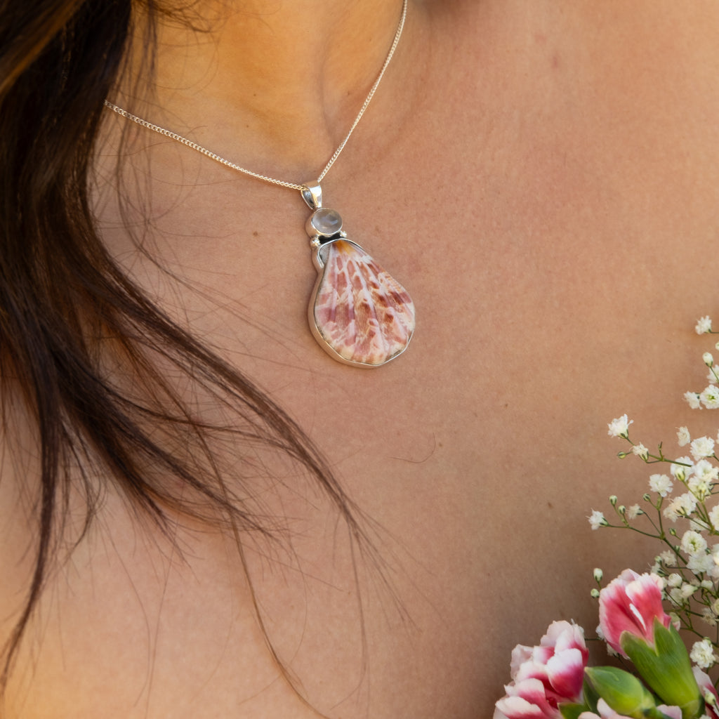 Scallop Shell Necklace - Pink Sunset Rose Quartz
