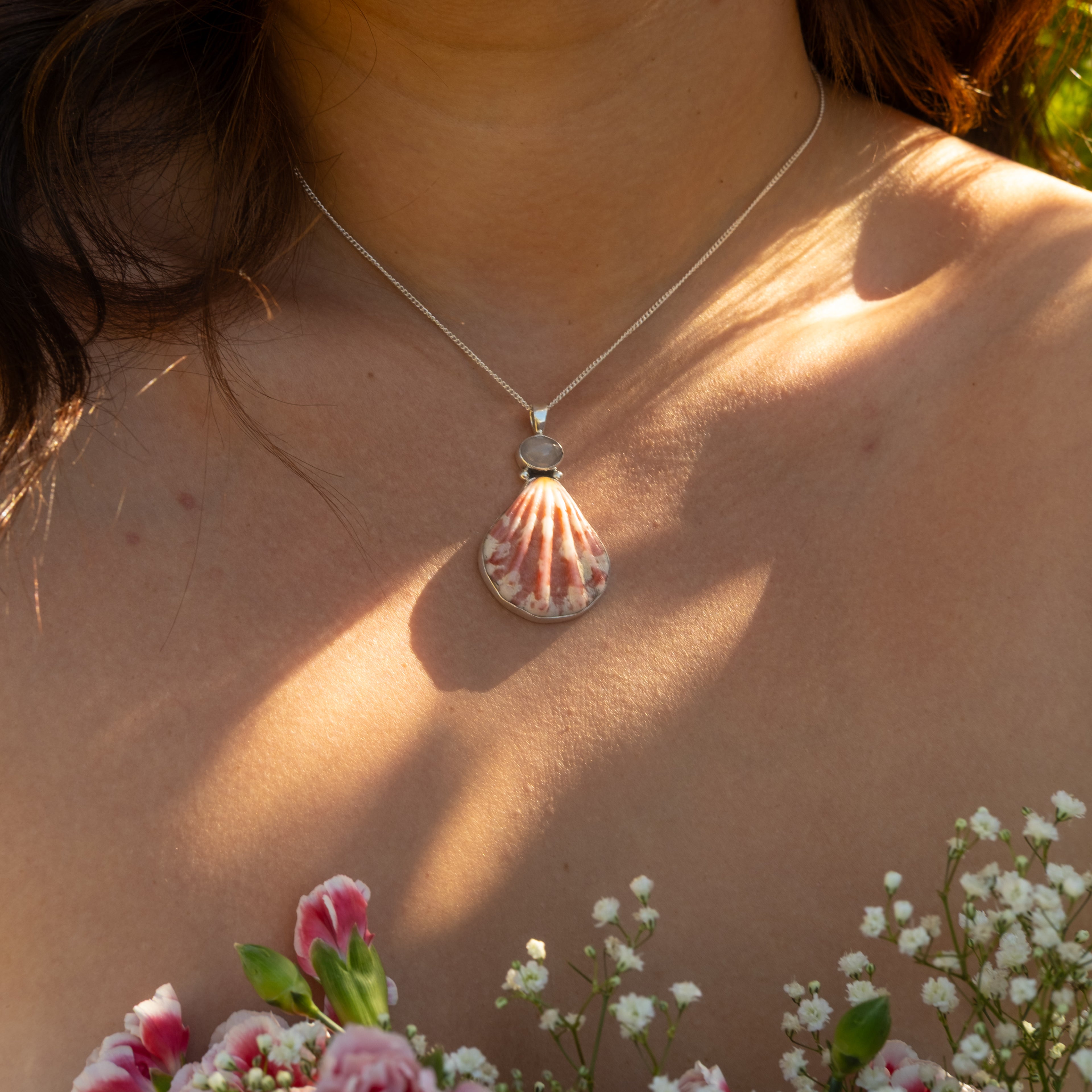 Scallop Shell Necklace - Pink Sunset Rose Quartz
